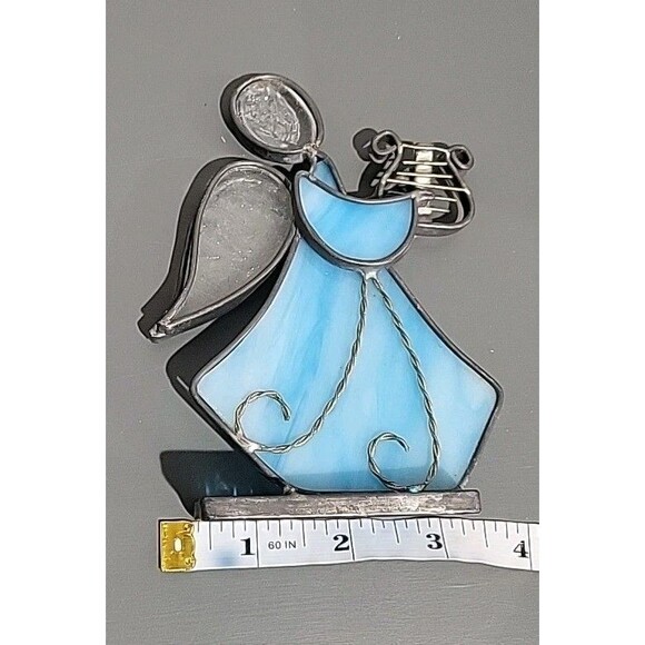 VINTAGE Handmade STAINED GLASS ANGEL PLAYING HARP Blue Leaded Glass Christmas - Picture 8 of 8